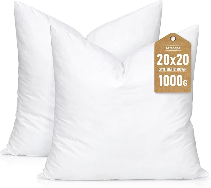 Artscope Synthetic Down Pillow Insert, 20x20 Down Alternative Throw Pillow Insert. Ultra Soft Fluffy Sleeping Pillow with 100% Cotton Cover, Decorative Pillows Set of 2-White.