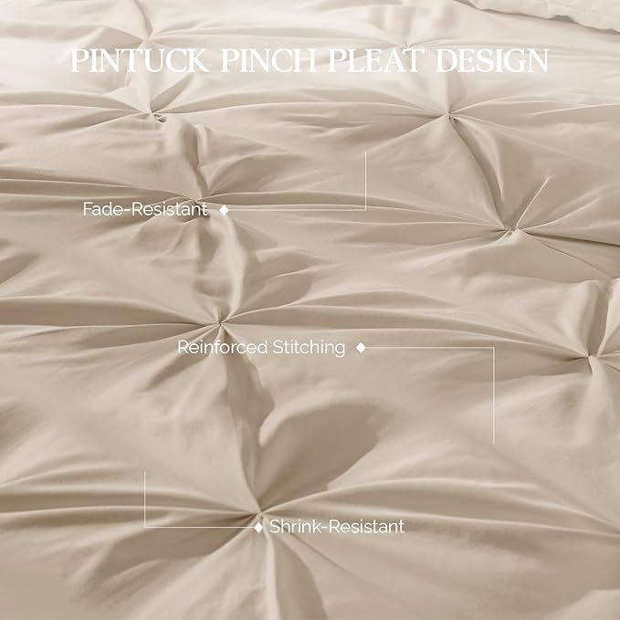 Andency Khaki Pinch Pleated Comforter Set King (104x90Inch), 3 Pieces Pintuck Microfiber Down Alternative Beddding Set(1 Pintuck Comforter, 2 Pillowcases)