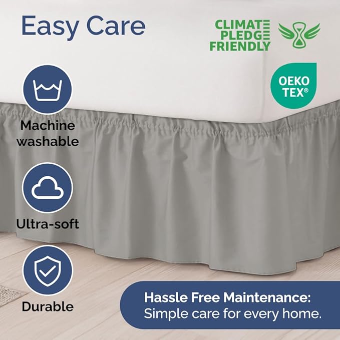 Wrap Around Dust Ruffle Bed Skirt - Light Grey - for King Size Beds w/ 14 Inch Drop - Easy Fit Elastic Strap - Adjustable Pleated Bedskirt with Brushed Fabric, Wrinkle Free Women, Men, Kids and Teens