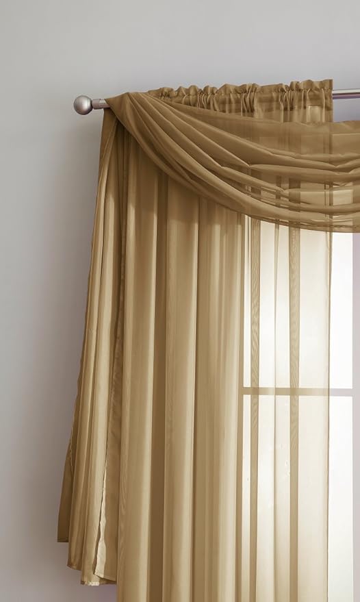 Long Length 56" (W) x 216" (L) Gold Color Sheer Window Scarf. Voile Window Treatments are Perfect As Valance Scarves, Canopy Bed Scarf Or Wedding Decoration. AMA 56" x 216" Gold