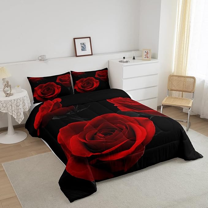 Feelyou Red Roses Bedding Set Luxury Rose Floral Comforter Set for Girls Women Couple Lover Romantic Flowers Comforter Valentine's Day Duvet Set Red Black Decor Quilt 2Pcs Twin Size Boys