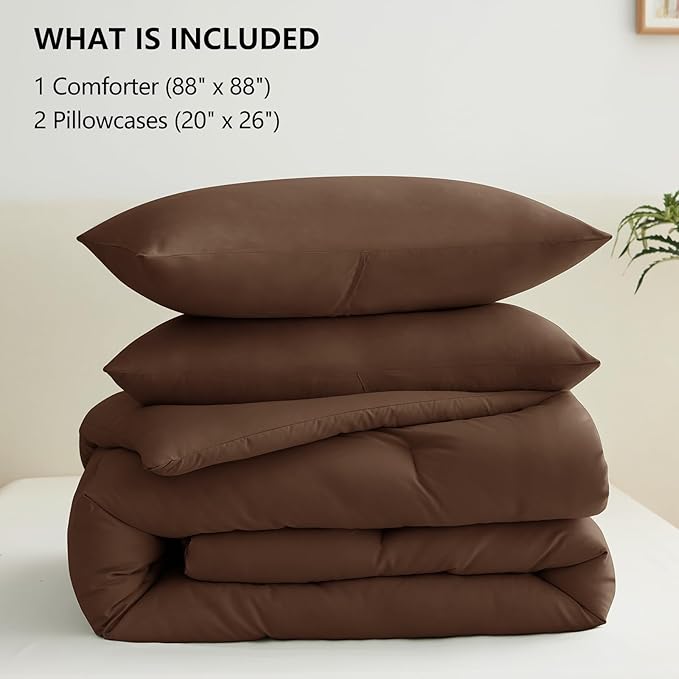 CozyLux Queen Comforter Set Brown, 3 Pieces Solid Breathable Quilted Style Bedding Sets, Luxury Fluffy Soft Bed Set with Down Alternative Comforter for All Season (1 Comforter & 2 Pillowcases)
