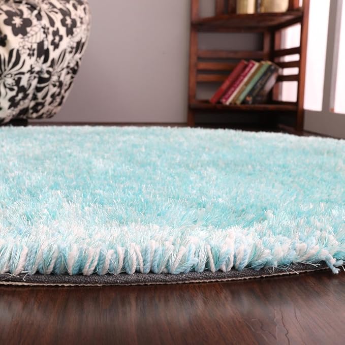 Hand Tufted SHAG Polyester ECO-Friendly Area Rugs - 10'x10', Round, Turquoise White, Solid Plain Design, High Pile Thick Handmade Anti Skid Rugs for Living Room K00111