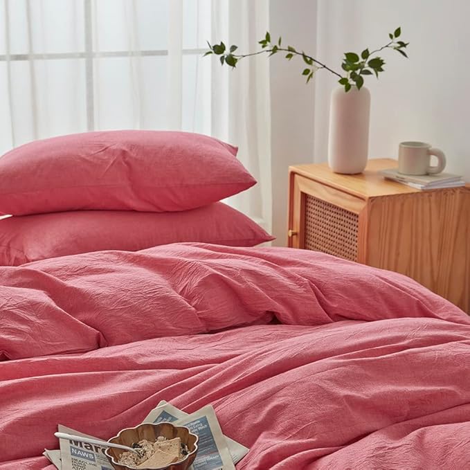FACE TWO FACE Bedding Duvet Cover Set 3 Pieces 100% Washed Cotton Duvet Cover Linen Like Textured Breathable Durable Soft Comfy (California King, Red)