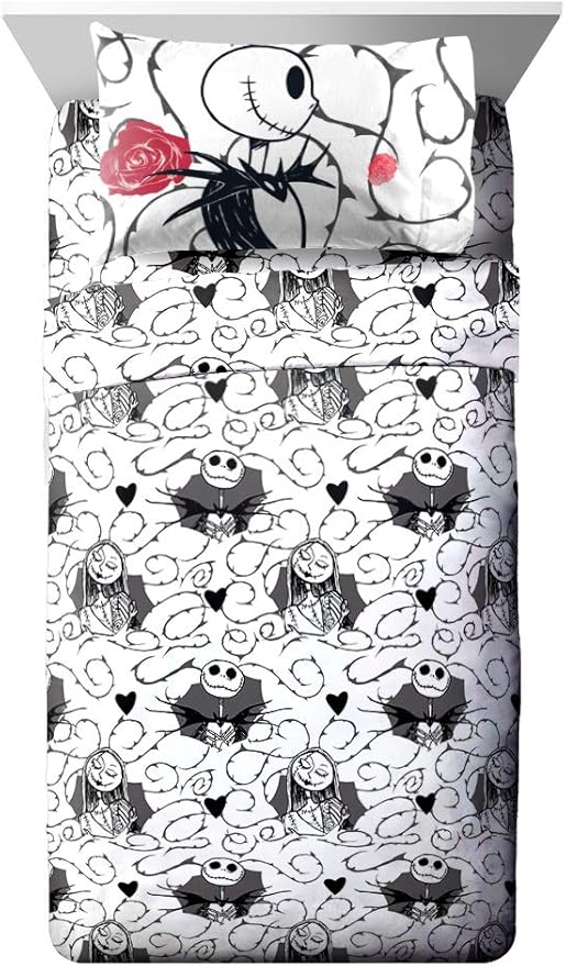 Jay franco Disney Nightmare Before Christmas Moonlight 7 Pc Jay franco Queen Bed Set-Includes Reversible Comforter&Sheet Set-Features Jack&Sally-Super Soft Fade Microfiber-(Official Disney Product)