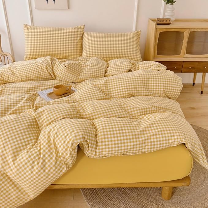 LifeTB Yellow Gingham Comforter King Comforter Set Geometric Checkered Plaid Bedding Comforter with 2 Pillowcases Fluffy Soft Lightweight Bedding Boho Grid Plaid Comforter Set King for All Seasons