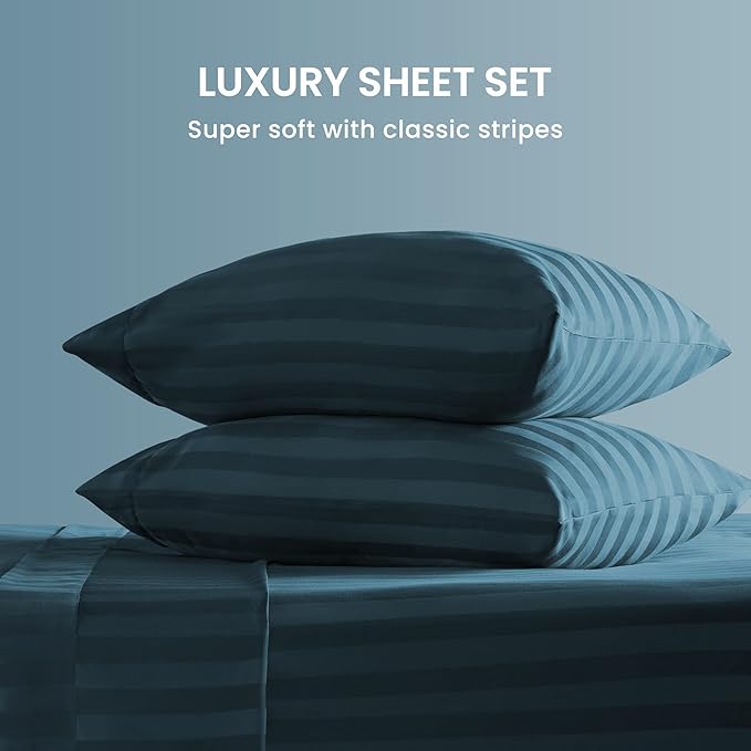 SLEEP ZONE Striped Cooling Twin Sheets Set for Kids - Fitted Flat Sheet & Pillowcase Sets 3 Piece - Super Soft Stripe Bed Sheet, Easy Care, Deep Pocket (Teal, Twin)