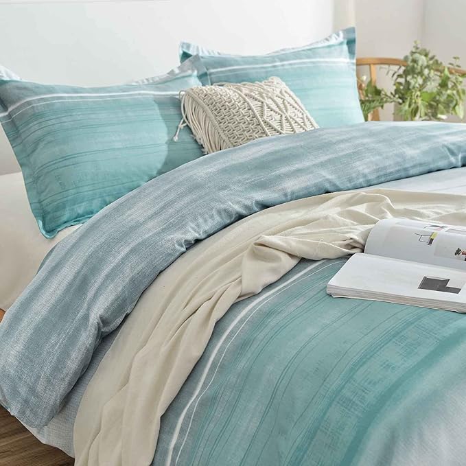 Faincy 7 Pcs Queen Size Comforter Set with Sheets, Blue, Grey and Teal Striped Pattern Print Alternative Bed Sets - 90 x 90 Soft Microfiber Modern Abstract Bedding in a Bag for Women Men, Gray