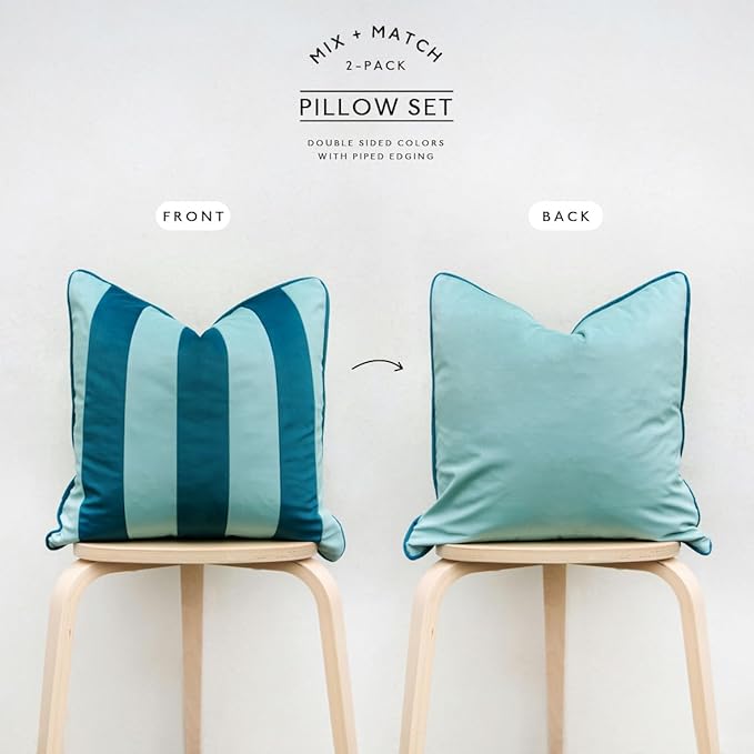 MONDAY MOOSE Decorative Throw Pillow Covers Cushion Cases, Set of 2 Soft Velvet Striped Piping Edge Designs, Pillow Inserts Not Included (22x22 inch, Blue/Light Blue)