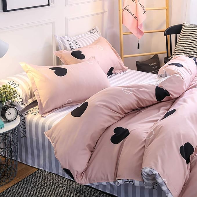 Omelas Blush Pink Heart-Shaped Queen Duvet Cover Set Black and Dusty Rose Full Bedding Comforter Cover Reversible Blue White Striped Soft Microfiber Quilt Cover for Kids Girls Teens Women