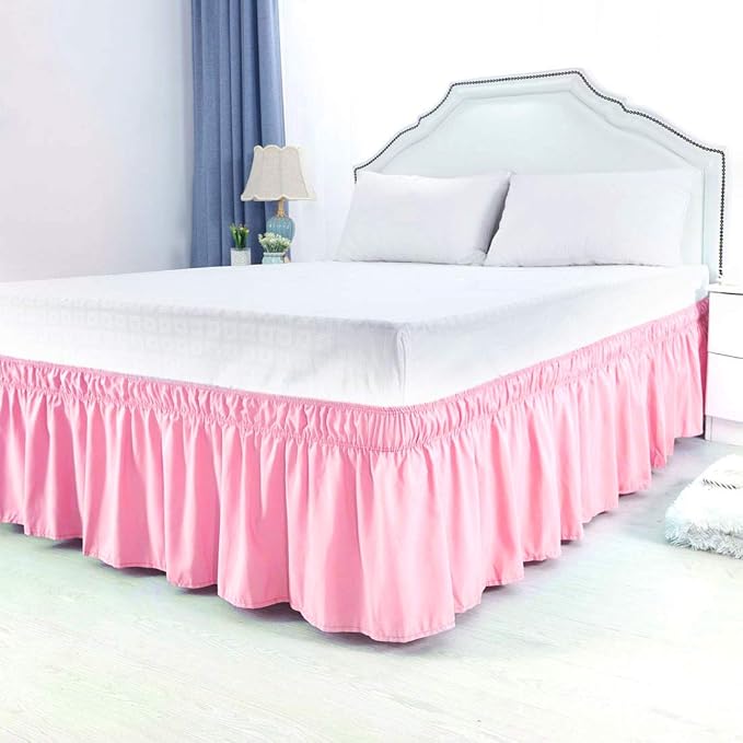 Bed Skirt - Wrap Around Bed Skirts Elastic Dust Ruffles, Easy Fit Wrinkle and Fade Resistant Luxurious Fabric Solid Color, Pink Twin XL Size Beds 15 Inch Drop