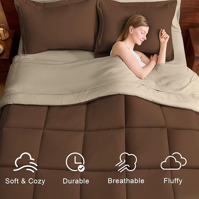 FUANNA King Size Comforter Set 7 Pieces, Reversible Bedding Sets with All Season Comforter, Bed in a Bag Includes Comforter, Flat Sheet, Fitted Sheet, Pillowcases & Shams, Dark Brown & Oatmeal