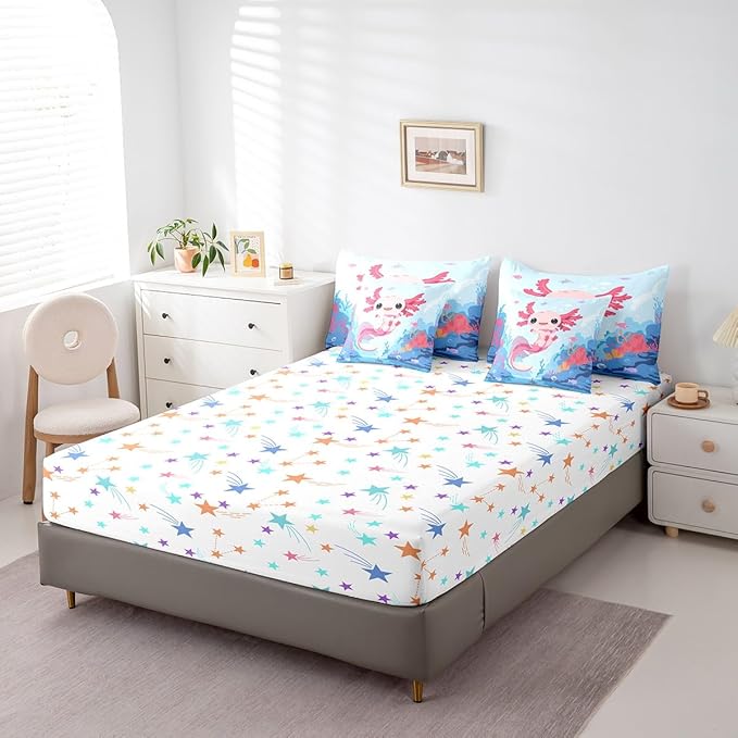Feelyou Boys Girls Cute Axolotl Bed in A Bag Queen Size, Ocean Sealife Comforter Set with Sheets Kids Cartoon Salamander 7 Pieces Bedding Sets Kawaii Teens Bed Set Bedroom Decor