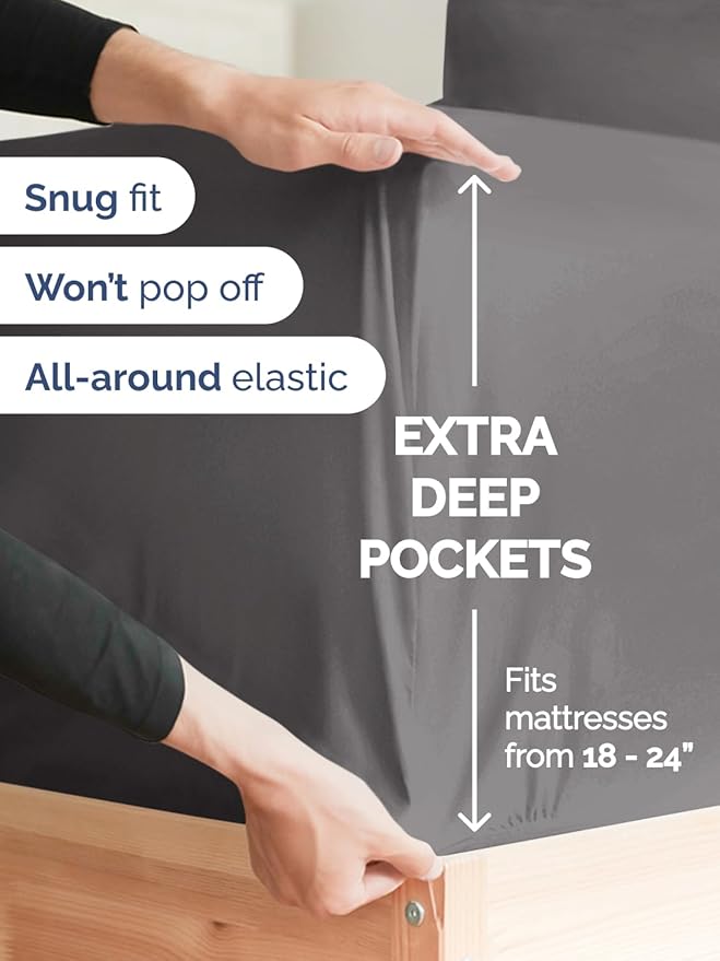 Extra Deep Twin Sheet Set - 4 Piece Breathable and Cooling Sheets - Hotel Luxury Bedding for Women, Men, Kids & Teens - Easy & Secure Fit - Soft, Wrinkle Free and Comfy w/ Extra Deep Pockets - Grey