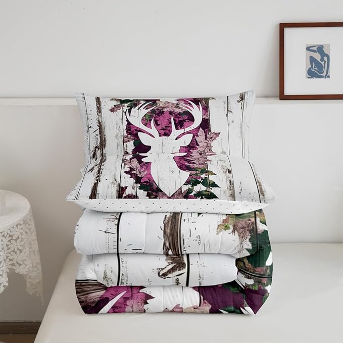Feelyou Deer Hunting Comforter Size Pink Camo Deer Bedding Set Boys Girls Deer Antlers Army Camouflage Comforter Western Duvet Insert with 1 Pillow Case