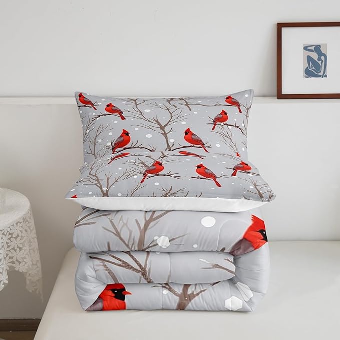 Feelyou Bird Comforter Set Red Birds Snowflakes Bedding Set Winter Landscape Cardinals Comforter for Boys Girls Child Kids Retro Bedroom Decor Tree Branches Duvet Set Twin Size with 1 Pillow Case