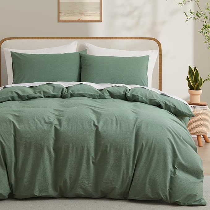 LOVQUE Duvet Cover Full Size, 100% Washed Cotton Linen Like Bedding Set with Zipper Closure (No Comforter), 80x90 Inches, Mint Green