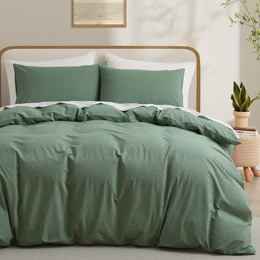 LOVQUE Duvet Cover Full Size, 100% Washed Cotton Linen Like Bedding Set with Zipper Closure (No Comforter), 80x90 Inches, Mint Green