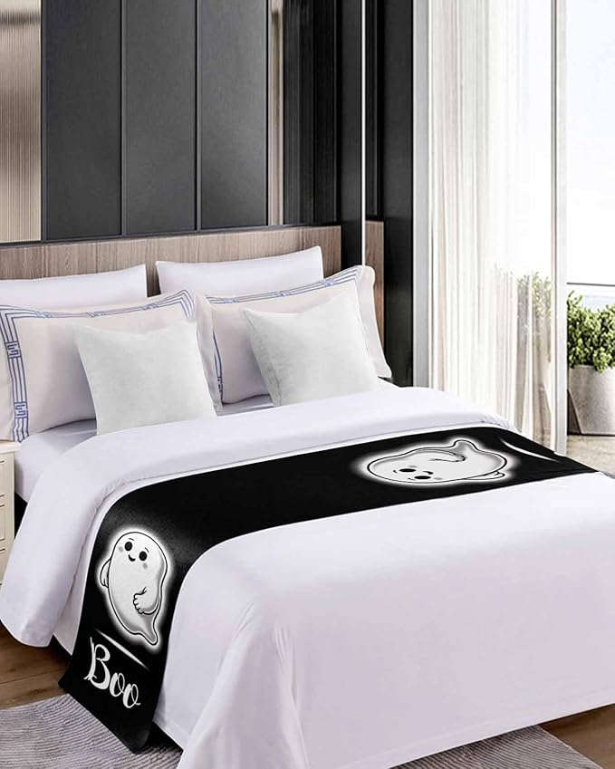 Halloween Cute Ghost Boo Bed Runners for Bedroom Hotel,Decorative Bedding Scarf Black and White Bed End Blanket Bedding Runner Scarves for Full Size Bed,83x20in