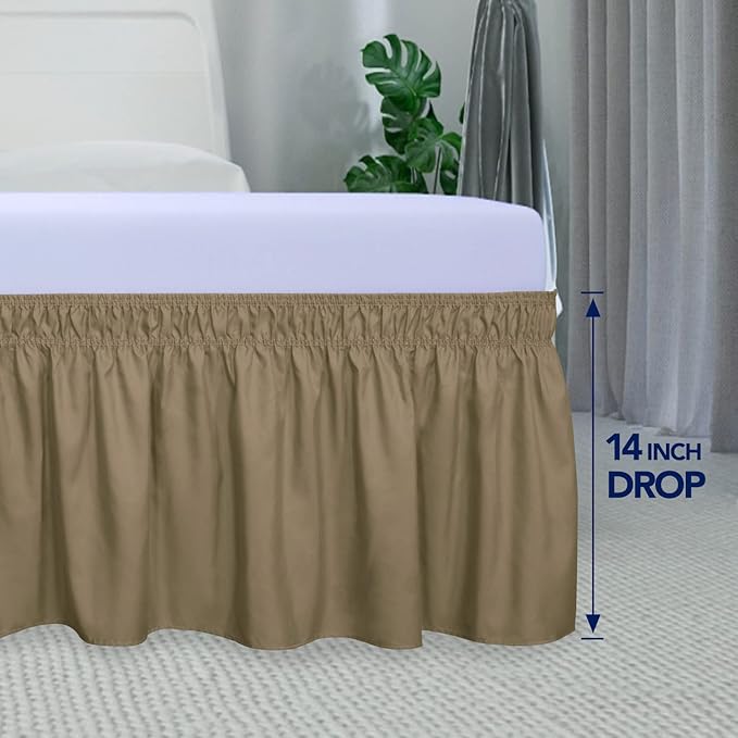 PureFit Wrap Around Ruffled Bed Skirt with Adjustable Elastic Belt - 14 Inch Drop Easy to Put On, Wrinkle Free Bedskirt Dust Ruffles, Bed Frame Cover for Queen, King and C-King Size Beds, Camel
