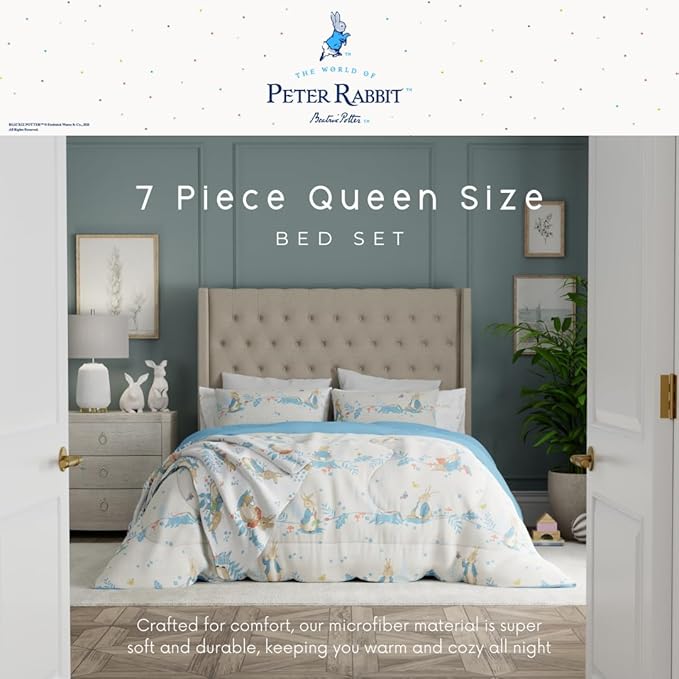 Peter Rabbit Easter Kids Bedding Super Soft & Cozy Reverisble Microfiber Comforter and Sheet Set with Sham, 7 Piece Queen Size, (Officially Licensed Product) by Franco