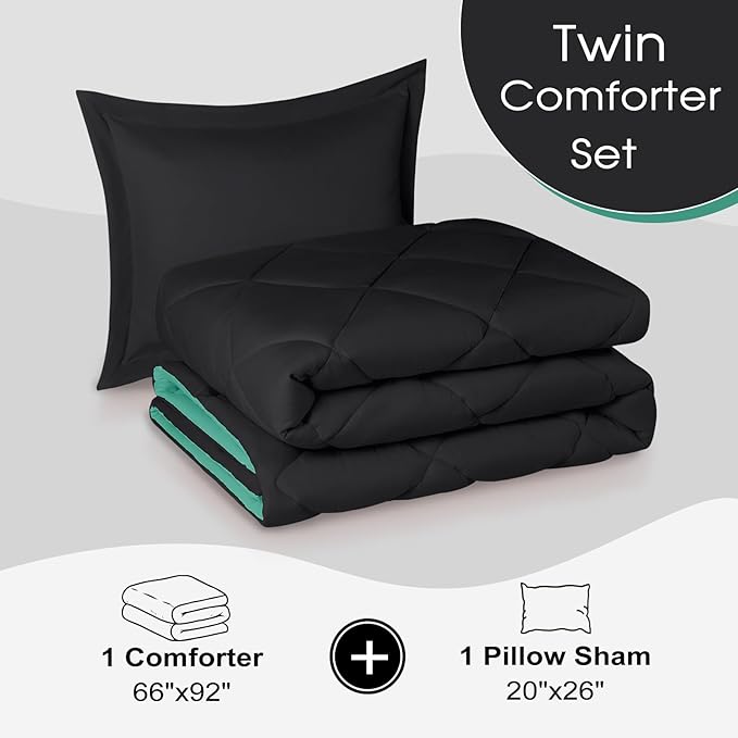 Basic Beyond Twin Comforter Set - Green Comforter Set Twin, Reversible Twin Bed Comforter Sets for All Seasons, Black/Mint Leaf, 1 Comforter (66"x92") and 1 Pillow Sham (20"x26"+2")