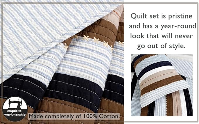 Cozy Line Home Fashions Sailor Navy Blue Star Striped Print Cotton Reversible Bedding Quilt Set (Nathan Stripe, King)