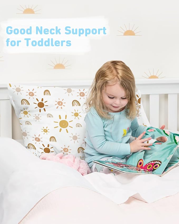Babebay 2-Pack Toddler Pillow,13X18 Cotton Toddler Pillows for Sleeping, Machine Washable Kids Pillows with Pillowcase, Perfect for Travel, Toddlers Cot (Sunny Rainbow)