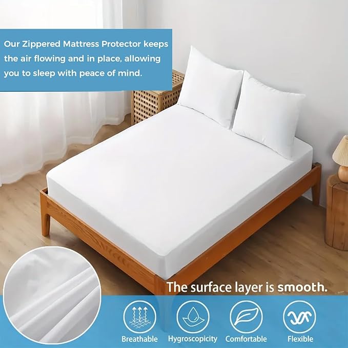Queen Mattress Protector Zippered-6-Side Waterproof Queen Size Mattress Encasement-9 Inches Deep-Wrapping Box Spring Cover Low Profile