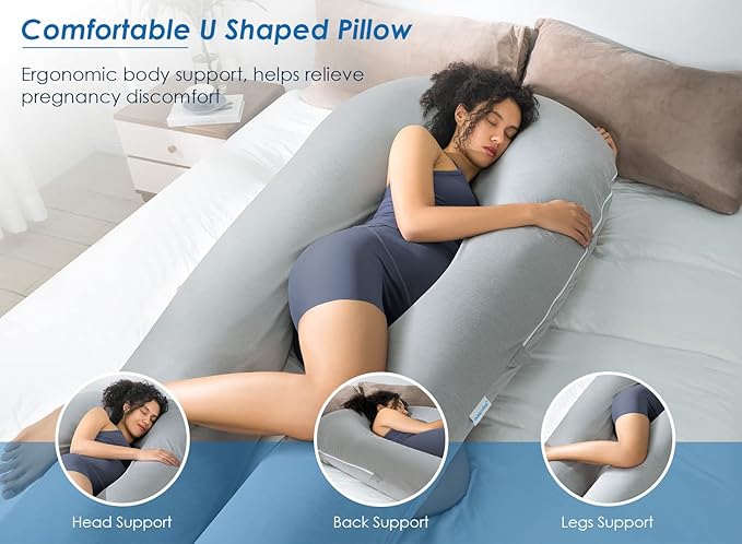QUEEN ROSE Extra Long U Shaped Body Pillow, Cooling Pregnancy Pillows for Sleeping, 65 Inch Full Body Support Maternity Pillow for Adults, Support for Back, Hip, Legs for Pregnant Women, Grey