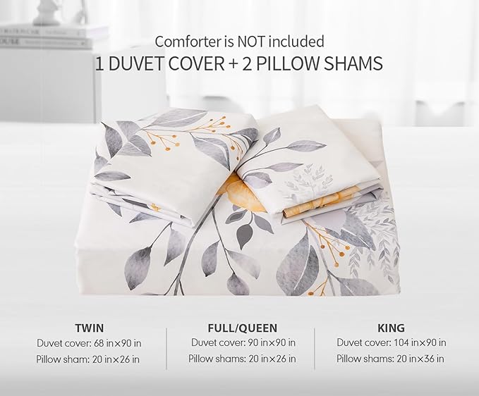 Queen Size Duvet Cover Set with Button Closure - Black and Yellow Botanical Luxury Bedding for a Comfortable Sleeping