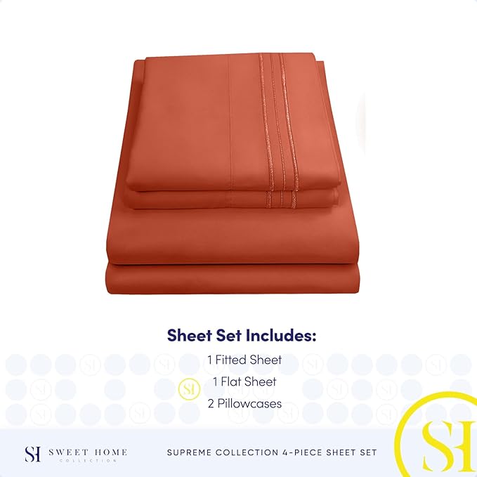 Queen Size Bed Sheets - Breathable Luxury Sheets with Full Elastic & Secure Corner Straps Built In - 1800 Supreme Collection Extra Soft Deep Pocket Bedding Set, Sheet Set, Queen, Rust