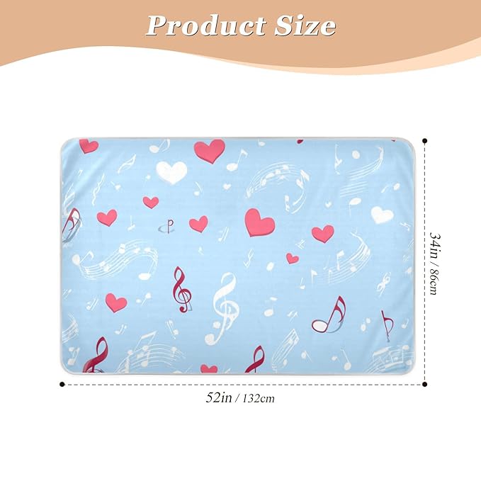 Waterproof Bed Pad Reusable Changing Pad Toddler Mattress Protector Large Pee Pad Baby Diaper Pad Soft Washable Liner Sky Blue Music Note and Hearts