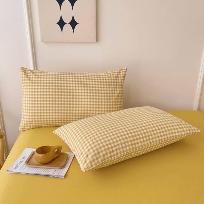 LifeTB Yellow Gingham Comforter King Comforter Set Geometric Checkered Plaid Bedding Comforter with 2 Pillowcases Fluffy Soft Lightweight Bedding Boho Grid Plaid Comforter Set King for All Seasons