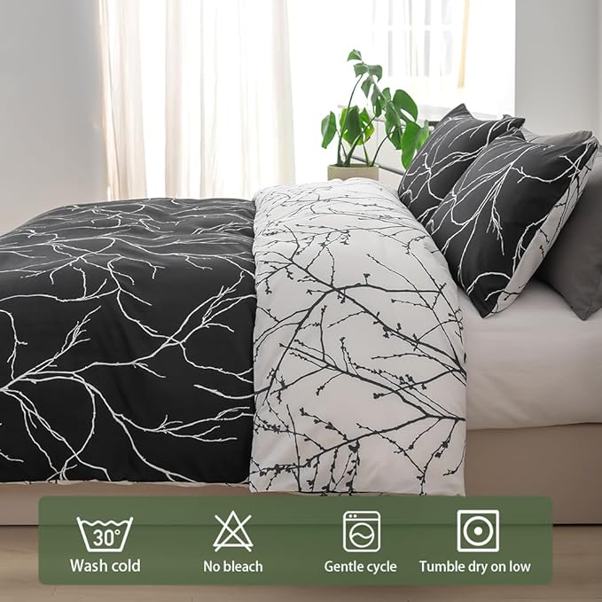 Lekesky Reversible Duvet Cover Queen Size, Black Branch Comforter Cover Queen 3pcs Microfiber Botanical Bedding Set with Zipper Closure Corner Ties
