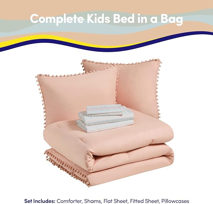 Kids Comforter Set Full Size – Bed in a Bag with Sheets, Pillowcases & Shams – Soft Stylish Pom Pom Bedding – All Season Girls Bed Set