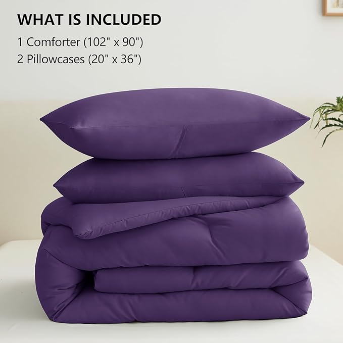 CozyLux King Size Comforter Set Purple, 3 Pieces Solid Breathable Quilted Style Bedding Sets, Luxury Fluffy Soft Bed Set with Down Alternative Comforter for All Season (1 Comforter & 2 Pillowcases)