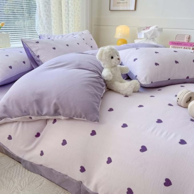 Nayoroom Purple Heart Duvet Cover Queen Size Cute Hearts Coquette Bedding Set Kids Girls Heart-Shaped Comforter Cover with Zipper Closure Soft Breathable Microfiber