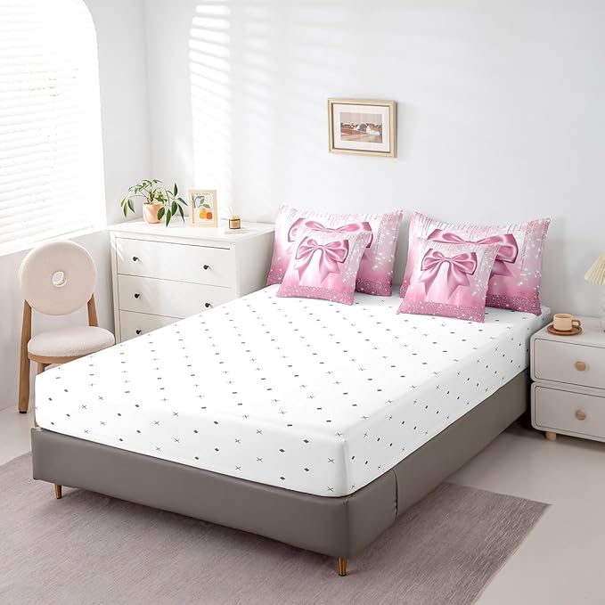 Feelyou Kids Pink Bowknot 7 Pieces Bedding Set King Size, Dreamy Princess Comforter Set with Sheets Boys Girls Glitter Bed in A Bag Watercolor Bow Teens Bed Set Bedroom Decor 7Pcs