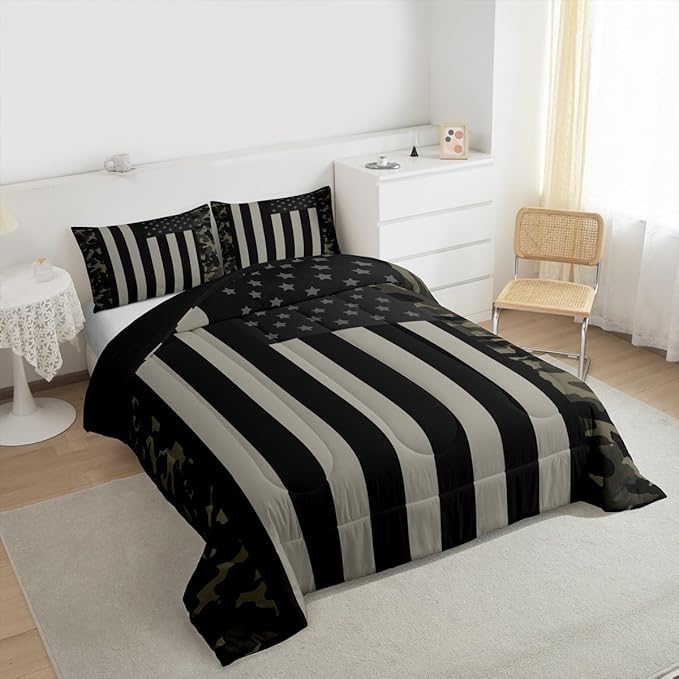 American Flag Comforter Set Twin Military Camo Down Comforter,Retro Army Green Camouflage USA Flag Bedding Set For Kids Boys Teens Men Bedroom,Black Grey Stars Stripes Quilt Duvet Set 1 Pillow Case