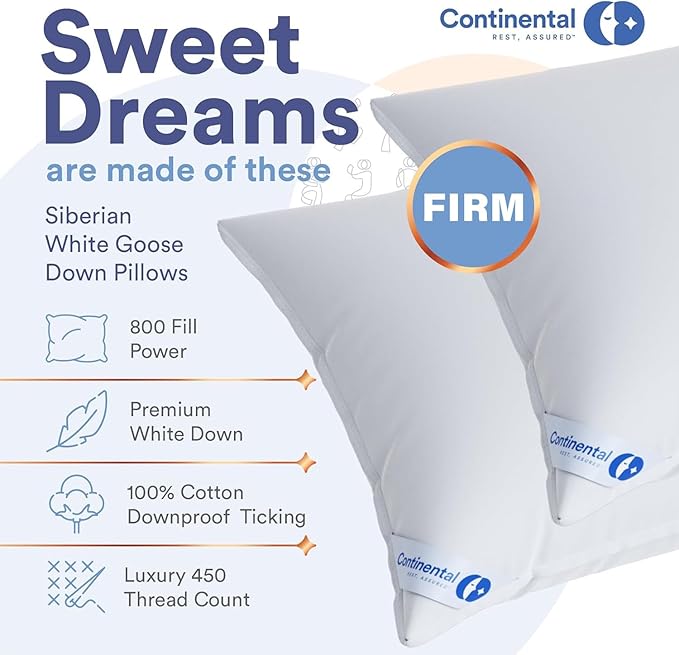 Continental Bedding Siberian Goose Down Pillow 800 Fill Power White Goose Down 400 Thread Count 100% Cotton Shell Soft Medium Firm Loft Options Handcrafted in USA