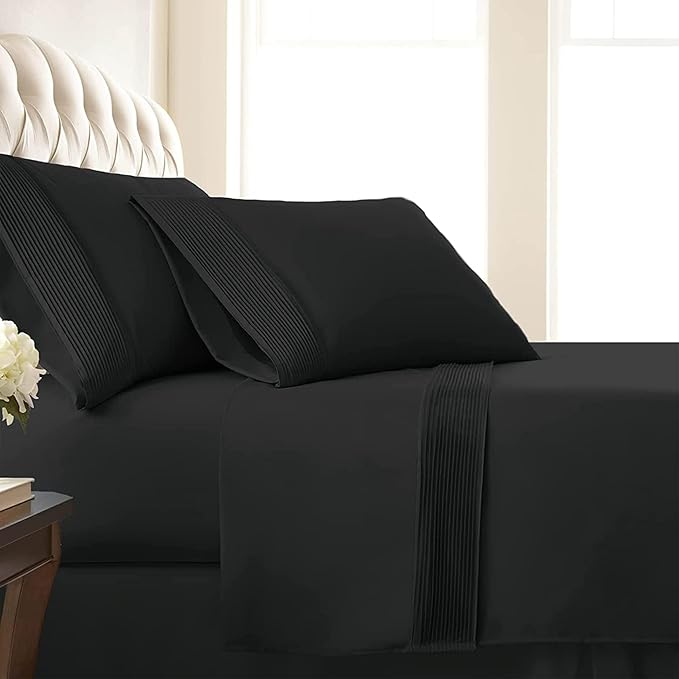SouthShore Fine Living Vilano Pleats, 4-Piece, 21-Inch Extra Deep Pocket Sheet Set, Full Sheets Set with Flat Sheets and Pillowcase, Easy Care and Shrinkage-Free Deep Pocket Sheets, Sheet Set, Black
