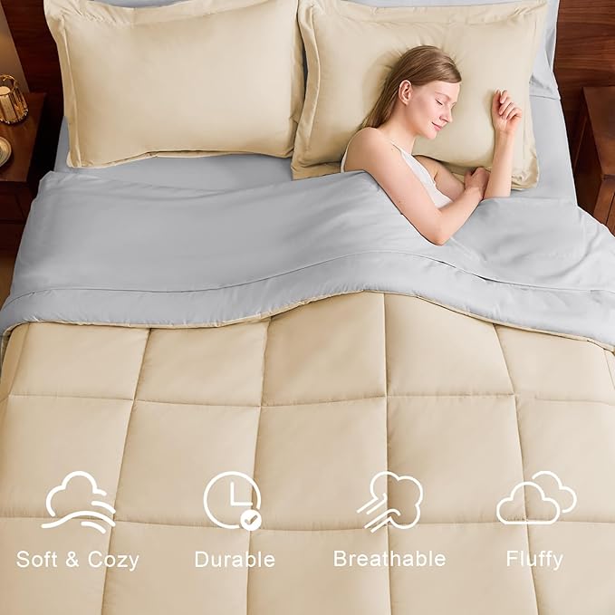 FUANNA Queen Comforter Set 7 Pieces, Reversible Bed in a Bag with All Season Soft Comforter, Bedding Sets Includes Comforter, Flat Sheet, Fitted Sheet, Pillowcases & Shams, Beige & Light Grey
