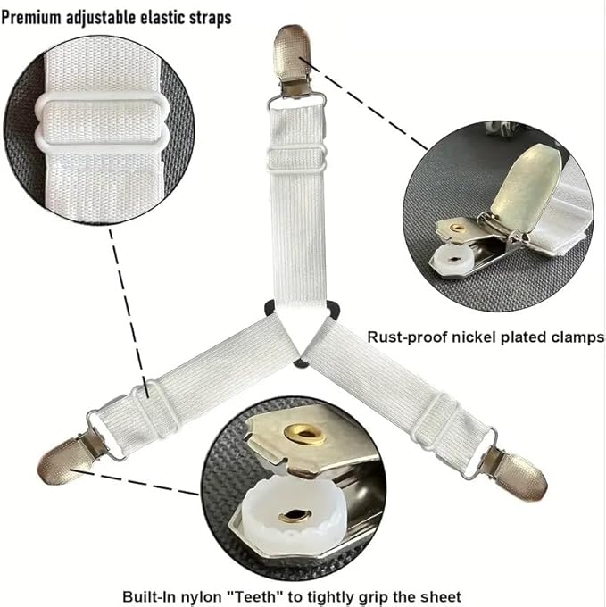 Heavy Duty Elastic Bed Sheet Straps & Clips - Adjustable Mattress Gripper, Sheet Holders Keep Sheets Firm & Tight, Mattress Clips, Bed Straps, Corner Straps (White, 4pcs Triangle)