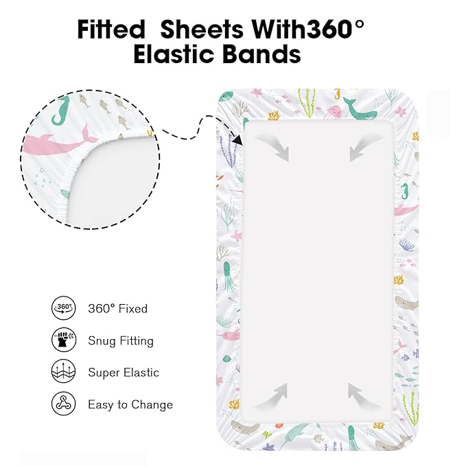 Bimocosy Pack and Play Sheets Fitted 4 Pack, 38 x 26 Inch Pack n Play Mini Crib Sheets for Boys and Girls, Soft Stretchy Playard Mattress Sheets for Graco Pack n Play, Ocean Friends