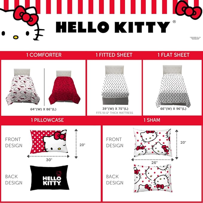 Franco Collectibles Hello Kitty Polka Dot Bedding 5 Piece Super Soft Comforter and Sheet Set with Sham, Twin, (Official Licensed Product)