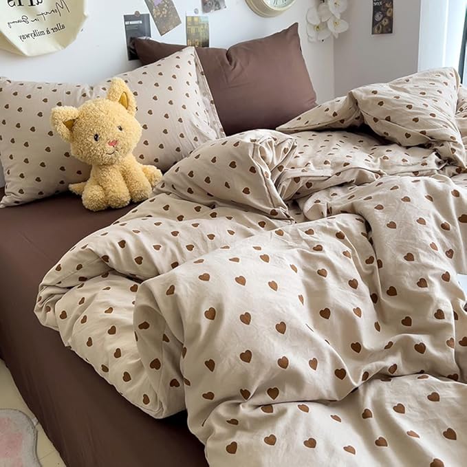 Nayoroom Brown Heart Duvet Cover Twin Size Vintage Hearts Printed on Taupe Duvet Cover Kids Girls 2 Pieces Soft Microfiber Farmhouse Bedding Set with Zipper Closure