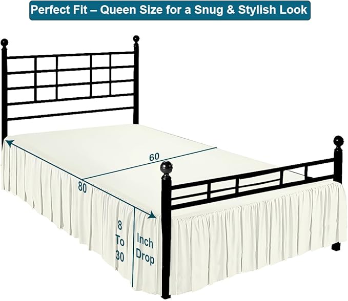 Shreem Linen Ruffled Bed Skirt with Split Corners, Gathered Style, 100% Microfiber, 10-Inch Drop, Dust Ruffle Bedskirt with Platform, Queen, Ivory