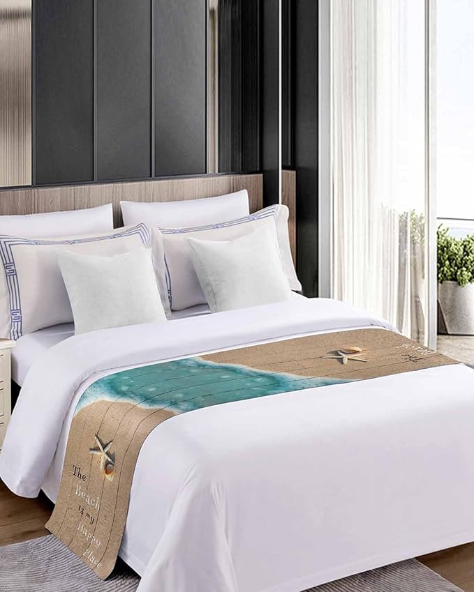 Coastal Ocean Starfish and Shell Sand Bed Runners for Bedroom Hotel,Decorative Bedding Scarf The Beach is My Happy Place Bed End Blanket Bedding Runner Scarves for Queen Size Bed,94x20in
