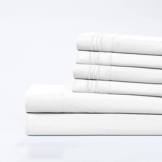 Modern Threads 6-Piece Bed Sheet Set - Deep Pocket, Soft Brushed Microfiber Sheets, Cool & Breathable for Mattress Up to 21 Inches, Includes 4 Pillowcases, Flat & Fitted Sheets, White King